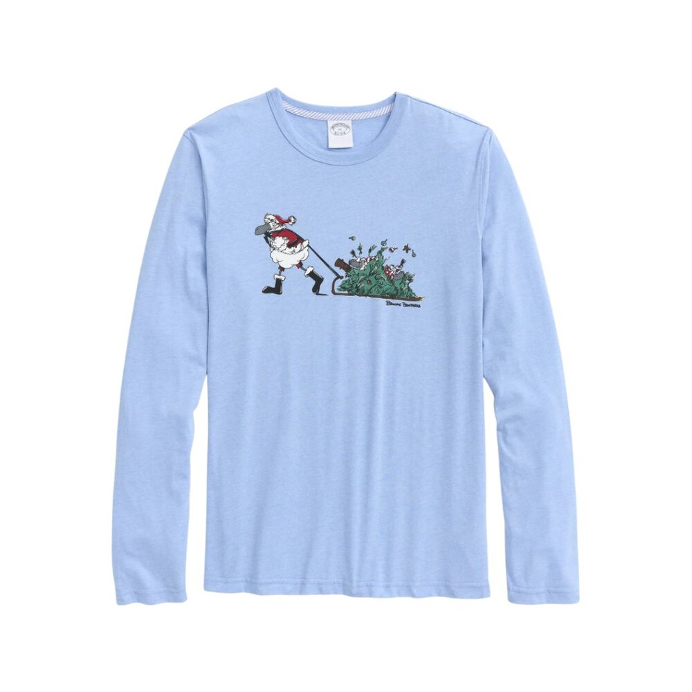 Brooks Brothers Men's Christmas Tee Shirt Sz L Blue Long Sleeve Graphic Soft